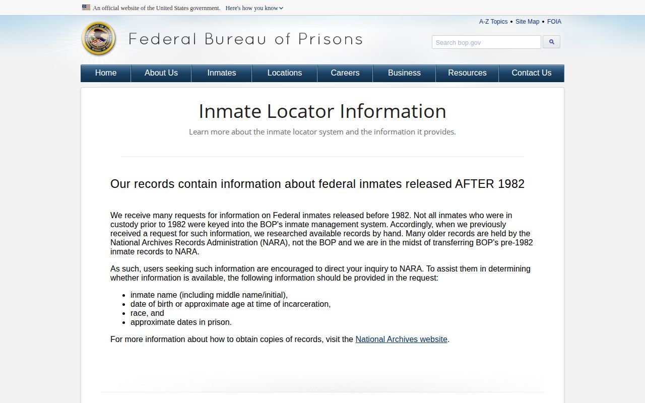 Federal BOP explanation for Alcona County released inmate status checks