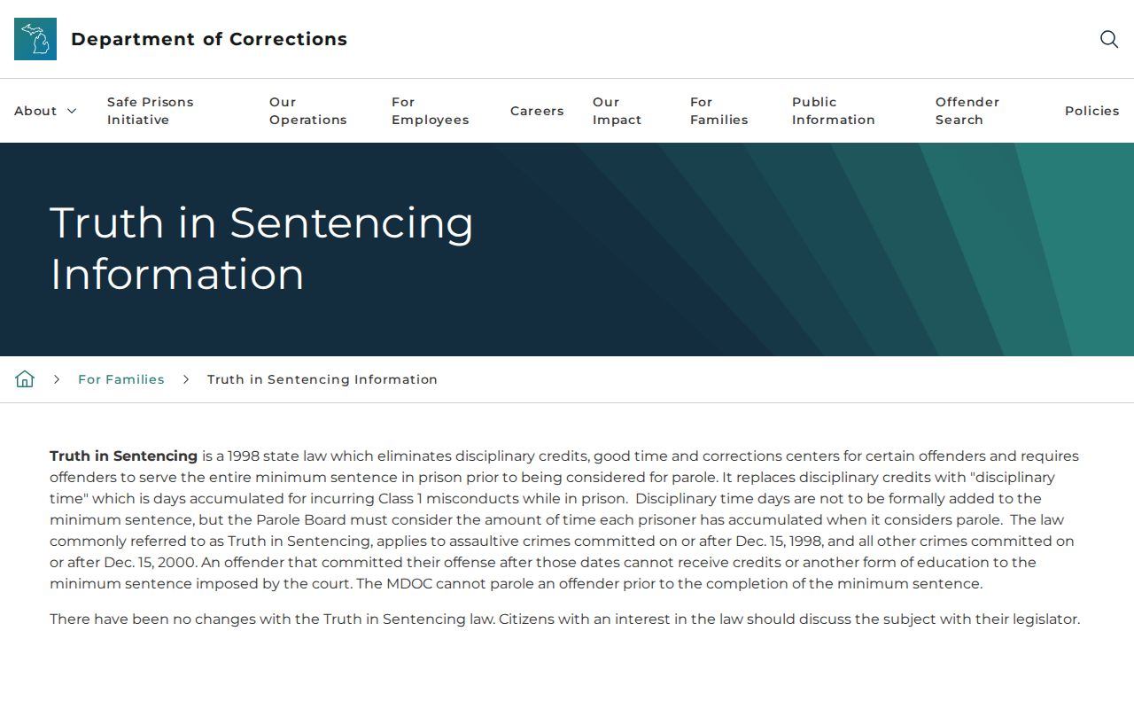 MDOC truth in sentencing explanation for Alcona County projected release dates