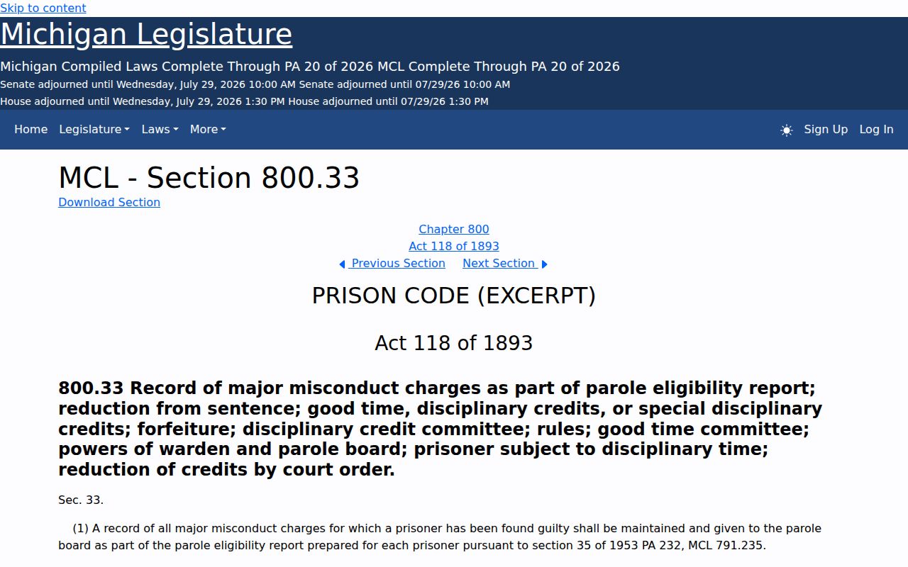 Michigan MCL 800.33 credit statute for Alcona County release date lookup