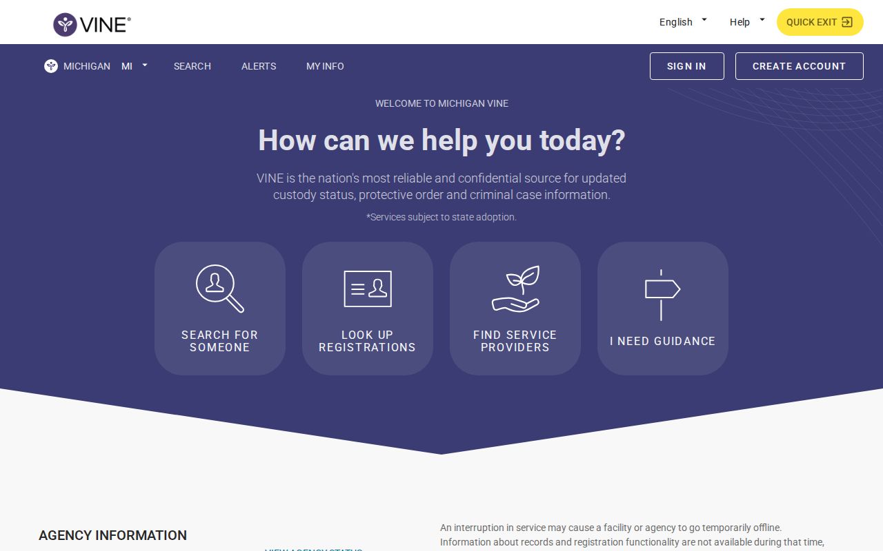 Michigan VINE inmate check start screen for Alcona County release alerts