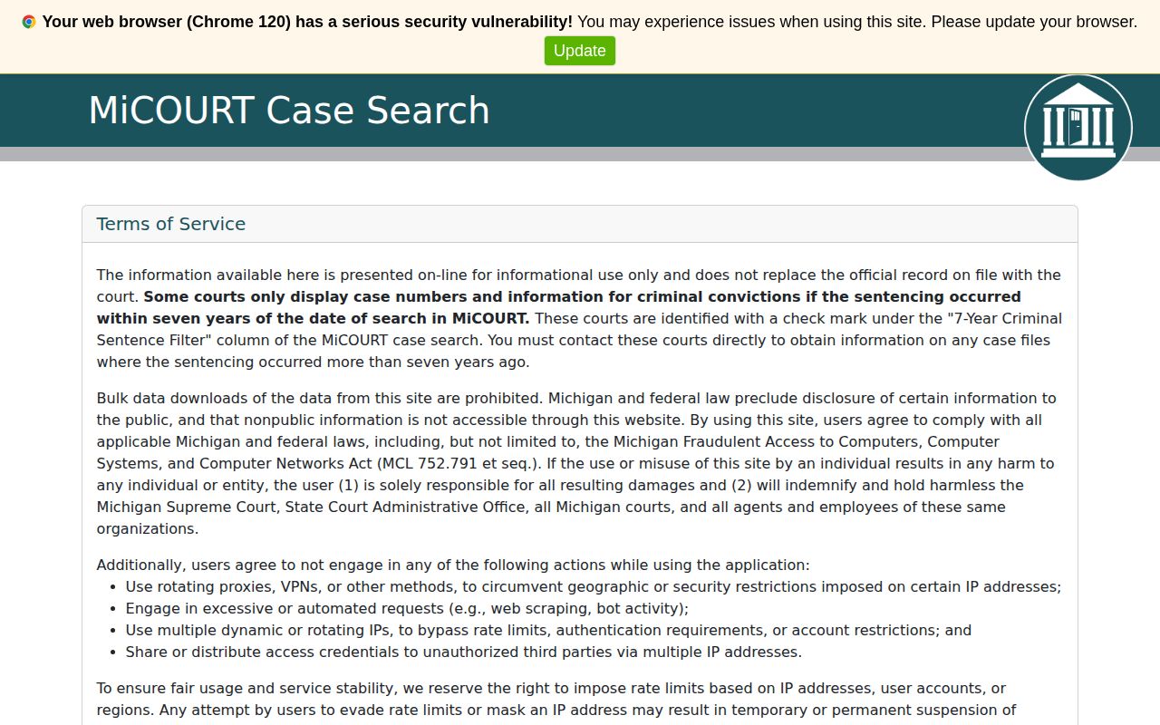 MiCOURT selection for Alcona County release and court records
