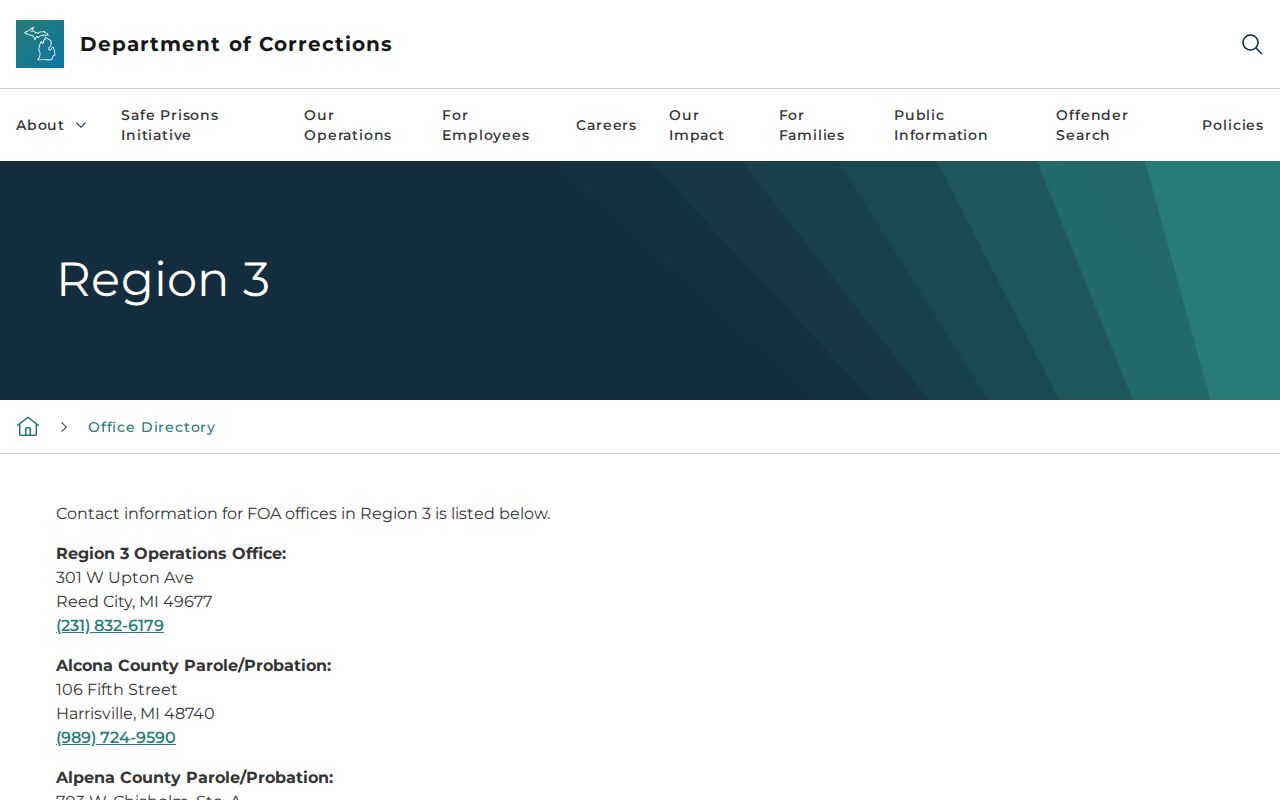 Alcona County post-release supervision office in the MDOC Region 3 directory